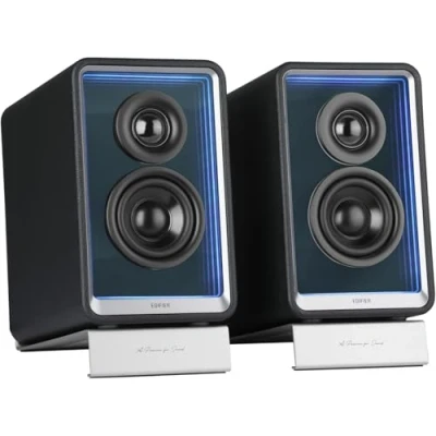 Bild av EDIFIER QR65 aktiv design monitor högtalare (70 watt) med RGB ljuseffekter, 3 x USB TurboGaN snabbladdningsportar och subwoofer utgång, svart