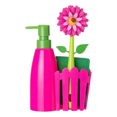 Bild av VIGAR Flower Power Diskbänksarrangör med tvåldispenser, diskborste och grytrengöring, plast, 14 x 7 26,5, 6
