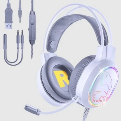 Bild av EMPIRE Gaming 2024 Nytt Icarus S17 RGB Headset för PS5, PS4, Xbox One/Series, PC, Mac, Smartphones, Surfplattor Fjärrkontroll Högupplöst stereoljud flexibel mikrofon vit