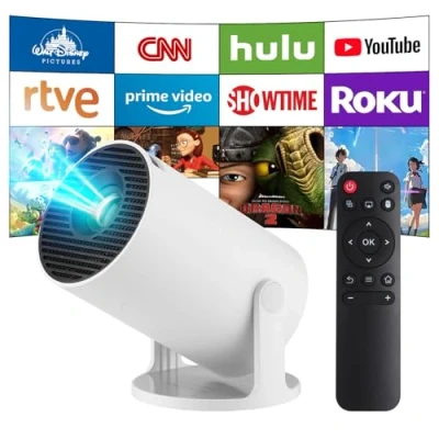 Bild av Miniprojektor, smart 4K bärbar projektor med Android 11 WiFi 6 Bluetooth 5.4, 130&#039;&#039; skärm, 180 graders rotation, automatisk keystone hemmabioprojektor för dator, PC, smartphone (Vit)