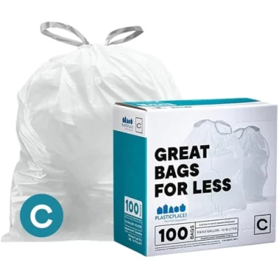 Bild av Plasticplace Trash Bags Compatible with Simplehuman (x) Code C (100 Count)│White Drawstring Garbage Liners 2.6 3.2 Gallon / 10 12 Liter │ 14.75&quot; x 20&quot;