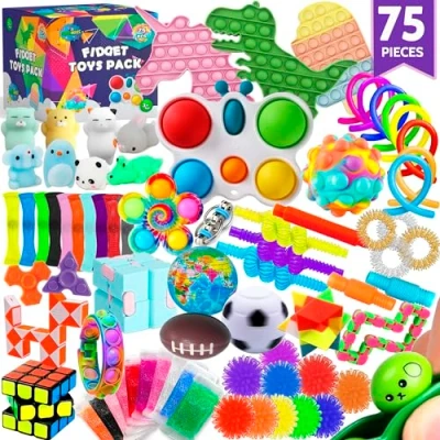Bild av 75 st fidget leksaker barnpaket pinata stoppare, festfavoriter, klassrumspriser för stressavlastning skattkista godisväska med pop its autister autism bulk fidgets box presenter barn