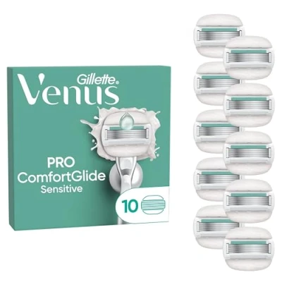 Bild av Gillette Venus Set med 10 Pro ComfortGlide rakrefill för kvinnor känslig hud, autentisk, patron 5 blad, smörjband Aloe Vera, torr hudvård