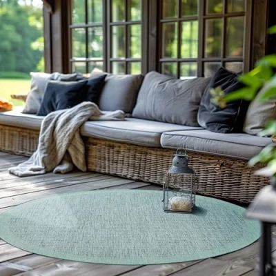 Bild av Rund Utomhusmatta för Terrass, Balkong och Trädgård, Köksmatta i Enfärgad Design, Väderbeständig Plattväv med Sisallook, Tvättbar Matta Olika Storlekar Färger