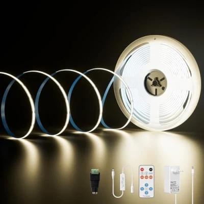 Bild av PAUTIX COB LED remsa Natural White 4000K, 10M 4800LEDs 24V CRI93+ Dimbar Bright Light Strip Kit med 13Keys RF Dimmer och strömförsörjning lampor för sovrumskök Hem DIY projekt