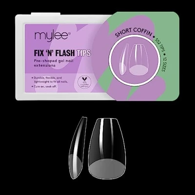 Bild av Mylee Fix &amp; Flash Soft Gel Tips, korta ballerinaformade, heltäckande mjuka gelnagelspetsar, gelnagelförlängningar, flexibla och resistenta, 12 olika storlekar, 552 st., passar alla naglar