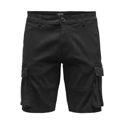 Bild av ONLY&amp;SONS men cargo shorts pants casual summer trousers knee length leisure trousers, Color:Black, Size:XL