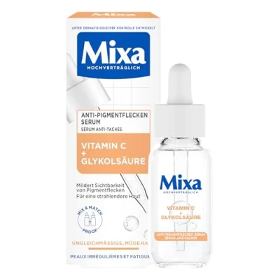 Bild av Mixa Anti Pigmentfläckserum, för ojämn, blek och känslig hud med C vitamin niacinamid, lämplig ansikte hals, SPF 20, allergivänlig, 30 ml