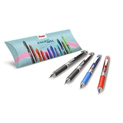 Bild av Pentel Energel BL80, rullande infällbart gelbläck 1 mm bred spets mm, förpackning med 4 olika färger (2 svart, röd, blå)