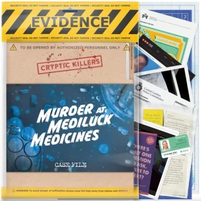 Bild av Cryptic Killers olösta murder mysterie spel arkivfiler utredning detektivbevis och brottsfil individer, datumnätter festspel mord på Mediluck Medicines