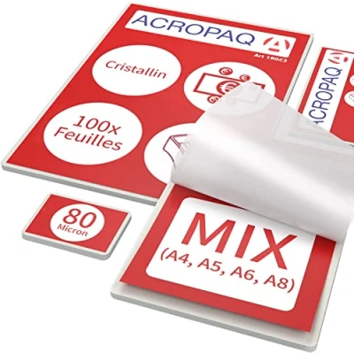 Bild av ACROPAQ MIX lamineringsark olika storlekar, 80 mic, 100 fickor (20 x A4, A5, A6, 40 A8), glänsande, hög kvalitet, rundade hörn, lämplig för foton och anteckningar 18023