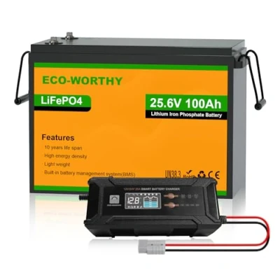 Bild av ECO WORTHY LiFePO4 24 V 100 AH med 12 V/24 10 A laddare, litiumbatteri BMS och max. 15 000 cykler för husbil, husvagn, båt