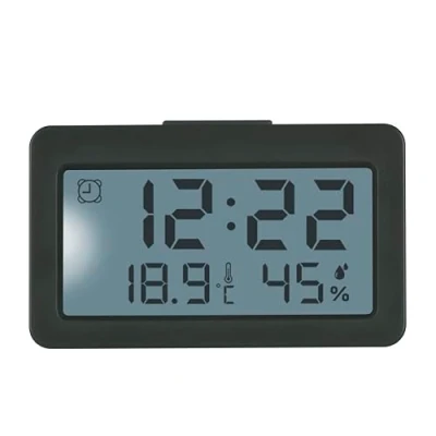 Bild av TFA Dostmann Digital Mini Väckarklocka, 60.2045.10, med larmfunktion, termometer och luftfuktighetsmätare, perfekt som reseklocka, för klauser, kvartsur, bordsklocka, liten kompakt, grå