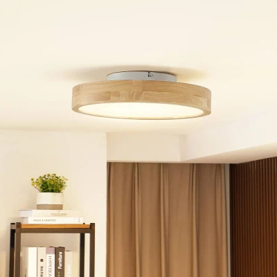 Bild av Lindby LED Taklampa &#039;Milada&#039; med fjärrkontroll (modern) i Brun av trä för vardagsrum/matsal (1 lamor, glödlampor ingår)