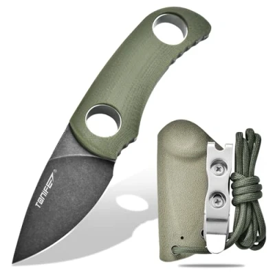 Bild av TONIFE fast bladkniv 4,7 cm, minihalskniv med Kydex fodral och snodd, bärbar EDC kniv för överlevnad utomhus (grön + svart oxid sedan stenvägar)