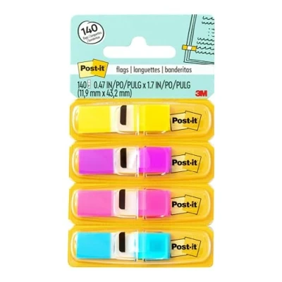 Bild av Post it Index små flaggor, paket med 4 dispensrar, 35 flaggor per dispenser, 11,9 mm x 43,2 mm, gul, lila, rosa, blå färg för att markera, markera eller färgkod viktig information