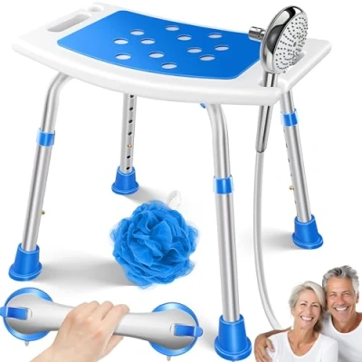 Bild av KESSER® Duschpall justerbar i höjd lätt badrumspall, halkfria gummifötter, duschstol, kan belastas på 150 kg duschstöd för seniorer sugkoppsgrepp, badkarshandtag duschsits med duschhållare