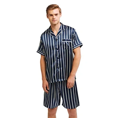 Bild av Herr kortärmad satin pyjamasset med shorts, Blå beige randig, L
