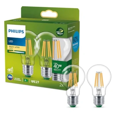 Bild av Philips Ultra Efficient Extremt energisnål klassisk ljuskälla, 40W, E27, A60, Klart glas, varmvitt ljus, 2700 kelvin, dimbar, 2 pack