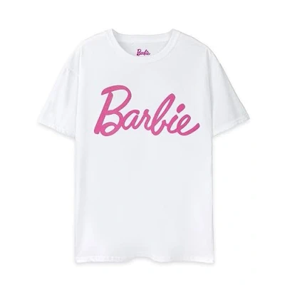 Bild av Barbie kvinnors rosa klassiska logotyp kortärmad T shirt i vitt Ikoniskt märke Trendig designtopp för damer Bekväm passform snygg retro tee Movie Merchandise Gift Stor