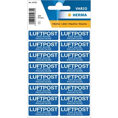 Bild av HERMA 15035 varning etiketter med &quot;LUFTPOST&quot; tryck (40 x 12 mm, 20 ark, papper, matt) självhäftande, permanenta varningsskylt, 320 klistermärken, blå