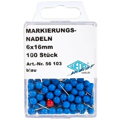 Bild av Wedo 56100 markeringsnål (runda nålar, nållängd 16 mm, huvuddiameter 6 mm) 100 stycken BLÅ
