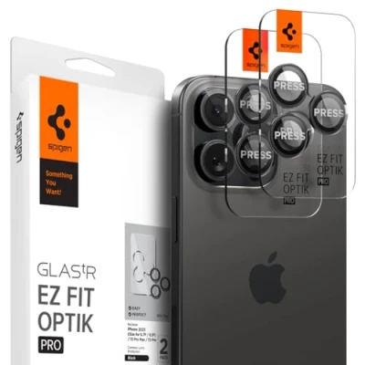 Bild av Spigen Glas.tR EZ Fit Optik Pro Kamera Skärmskydd kompatibel med iPhone 16 Pro, Max, 2 Stycken, svart titan, Inget fel på blixtfunktionen, 9H härdat Glas