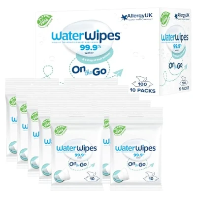 Bild av WaterWipes On The Go Wipes, 100 våtservetter (10 Packs), 99% vattenbaserade våtservetter, perfekta på resan, utformade för ansikte och kropp