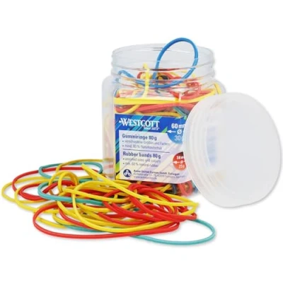 Bild av Westcott gummiband 80 g Ca. 170 färgglada gummiringar i olika storlekar en praktisk plastbehållare Förvaringspaket med hushållsgummiband ⌀ 60 mm, 50 mm &amp; 38 E 10581 00