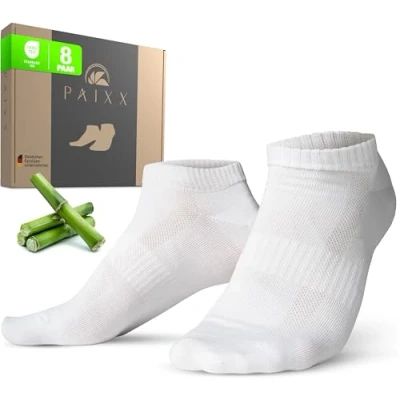 Bild av PAIXX Premium bambusneakers strumpor 8 pack, 4346 och 3942, män kvinnor andningsbara, antibakteriella ankelstrumpor mot svettfötter luddfria anti lukt bambustrumpor, Vitt par, 39 42 EU