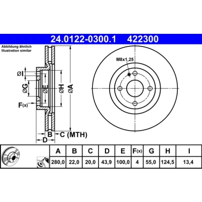 Bild av ATE 24.0122 0300.1 Disque de frein 280,0 22,0 4 100,0 ventilé revêtu MAZDA: MX 5 IV