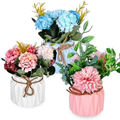 Bild av 3 stycken konstgjorda blommor i krukan, blommor, hortensior som äkta, med keramisk vas, för bordsdekoration