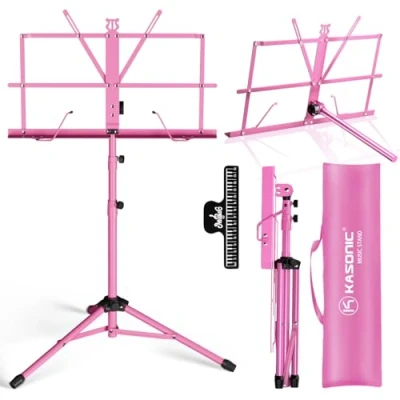 Bild av K Kasonic Lättvikts Musikställ, 2 i 1 Hopfällbart Notställ med Notklämma, Bärbar Bärväska för Framträdanden, Resenotställ tripod Musikaliska Behov, Rosa