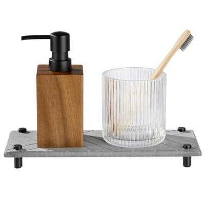 Bild av Navaris Instant Dry Sink Organizer snabbtorkande sten diskbänk caddie badrums eller köksbricka med rostfria stålfötter för att hålla tvålar och flaskor grå, 61632.02
