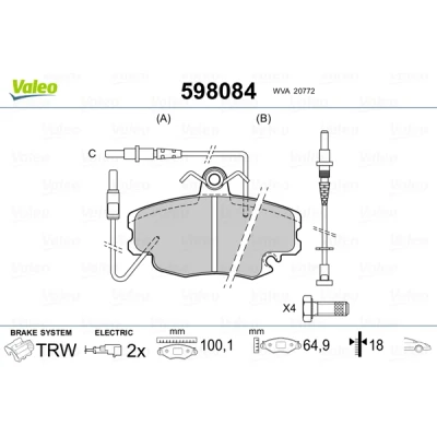 Bild av VALEO 598084 Jeu de plaquettes frein Essieu avant contact signal d&#039;usure inclus avec kit vis fixation, sans tôle anti bruit