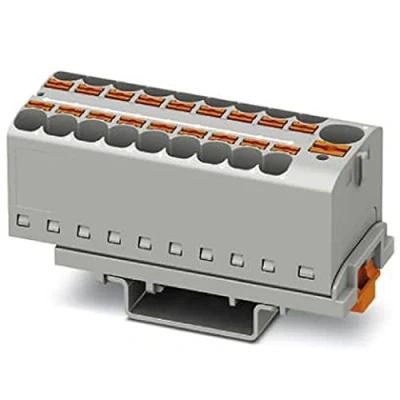 Bild av PHOENIX CONTACT PTFIX 10/18X4 NS35 GY distributionsblock, antal anslutningar 19, tvärsnitt 0,5 mm² 10 mm², AWG 206, bredd 28,6 mm, grå, 8 stycken