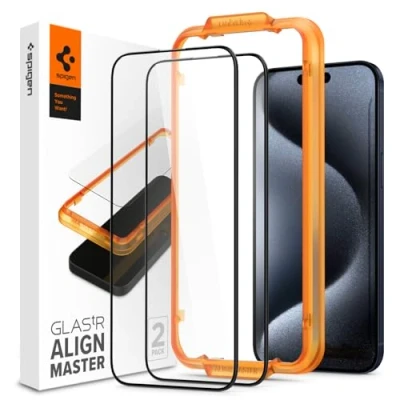 Bild av Spigen AlignMaster Skärmskydd kompatibel med iPhone 15 Pro, 2 Stycken, met sjabloon voor installatie, Full Täckning, kristallklart, Case friendly, 9H härdat Glas