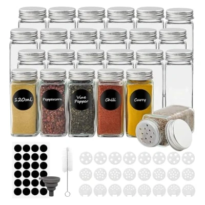 Bild av Withosent Fyrkantiga kryddburkar, set om 24, 120 ml glas, kryddströare med skruvlock, kryddbehållare, förvaring ströinsats, etiketter, tratt, borste