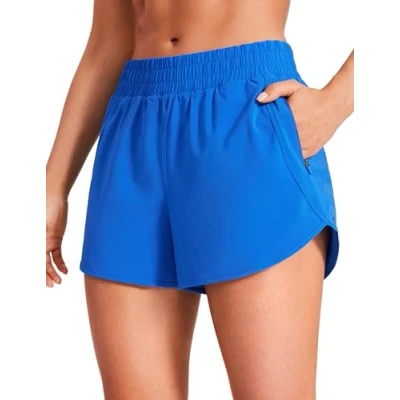 Bild av CRZ YOGA löparshorts för dam med hög midja 3 tums meshfoder som torkar snabbt träningsbyxor gym blixtlåsficka Sparkle Blue M