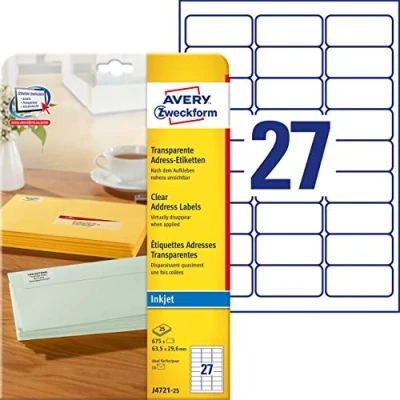 Bild av Avery Address Labels Transparent 63.5 x 29.6 mm 675 etikett (er) (25 ark 27) adresslappar