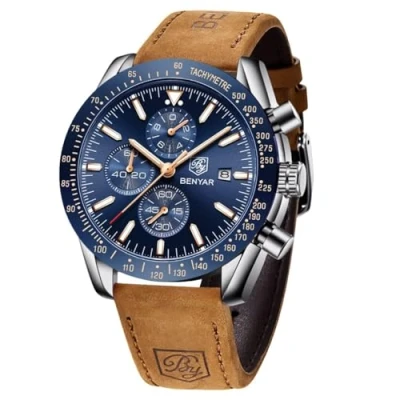Bild av BENYAR Uhren Herren Chronograph Analog Quarz Braun Lederarmband Armbanduhr Wasserdicht Leuchtende Datum Herrenuhr Mode Lässig Sport Business Kleid fur Männer Elegantes Geschenk