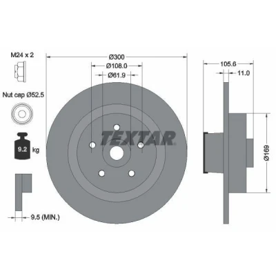 Bild av TEXTAR PRO 92252903 Disque de frein 300 11 05/05 108 plein revêtu avec bague magnétique intégré, roulement roue RENAULT: CLIO 3, MEGANE 2