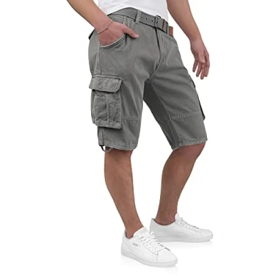 Bild av Indicode Kjeld Cargoshorts för män med 6 fickor, inkl. tygbälte av 100 % bomull, korta cargobyxor, bermudashorts, sommarbyxor, herrshorts, GRÅ, L
