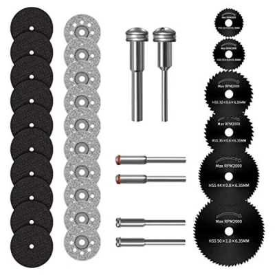Bild av Skärhjul för Dremel, set med skärskivor, roterande verktygstillbehör, mini sågblad i stål, hög hastighet, diamantharts, skärhjul, skaft på 31 mm (1/8 tum), trä, metall, plast, glas, sten, hantverk