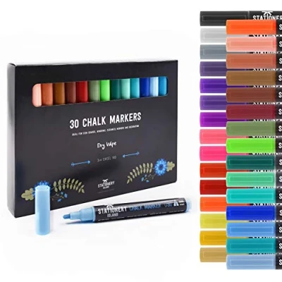 Bild av Stationery Island Kritpennor D30 förpackning med 30 blandade färger 3 mm mejselspetsnibs. Torr Torka bort vätska kritmarkörer. för glas, whiteboards, skyltar och icke porösa svarta tavlor