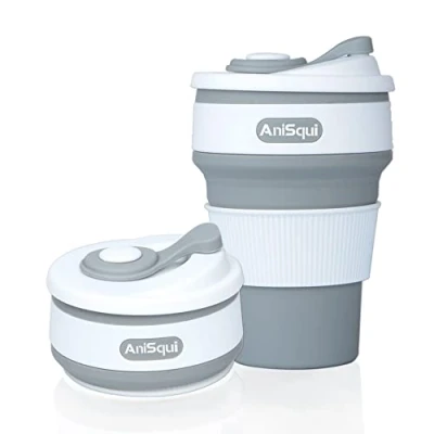 Bild av AniSqui Hopfällbar kaffekopp silikon med lock (350 ml, BPA fri miljövänlig återanvändbar kaffekopp), bärbar kaffekopp, hopfällbara kaffemuggar, kaffemuggar som passar i fickan (grå)