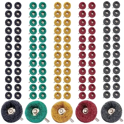 Bild av 120 stycken 25 mm slipskiva: Slipmedel polerskivor 80/150/240/400/600 korn, polering hjul med 3 handtag metallslipfäste poleringstillbehör för Dremel rotationsverktyg