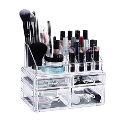 Bild av Relaxdays, transparent arrangör med 4 lådor, sminkkit för läppstift, nagellack, kosmetisk hylla akryl, standard