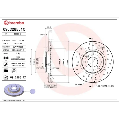 Bild av 2x BREMBO Bromsskiva RENAULT: Clio 4, V Hatchback, DACIA: Sandero 2, LOGAN MCV I Xtra 258mm 22mm 4 Hålad/ventilerad invändigt