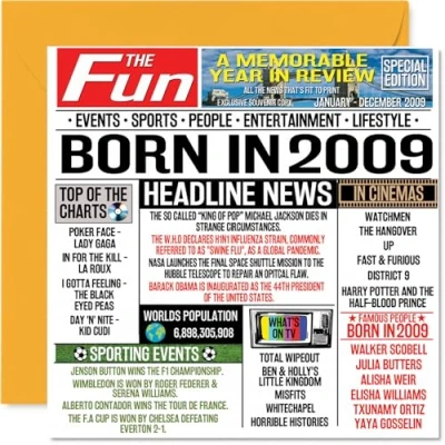 Bild av 15:e födelsedagskort för pojkar flickor Född 2009 tidning Happy 17 son dotter kusin vintage retro tillbaka 2009, 145 mm x femton femtonde födelsedagen gratulationskort